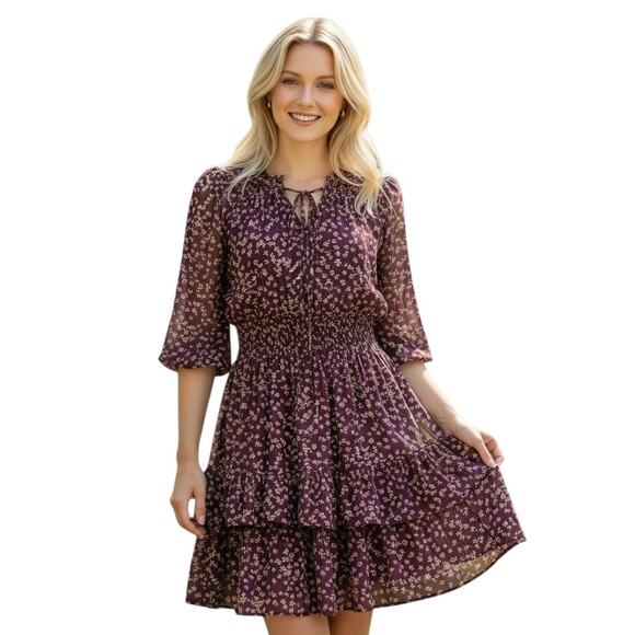 Taylor Boho Purple Floral Ruffled Fit & Flare Dress Size 14 W V-neck Puff Sleeve - Picture 1 of 9